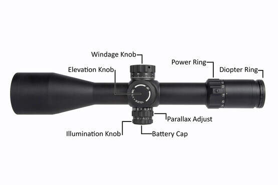 DEKA AMS MIL reticle in the PLX5 6-30X rifle scope anatomy, demonstrating layout and features